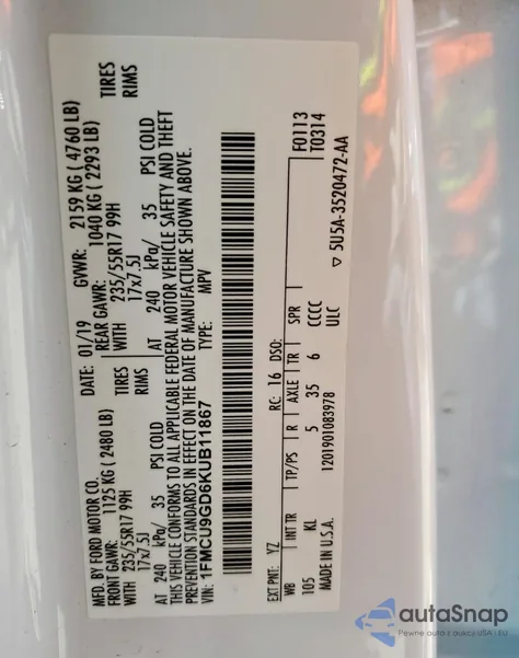 2019 Ford Escape Se z USA, uszkodzony, nr VIN 1FMCU9GD6KUB11867